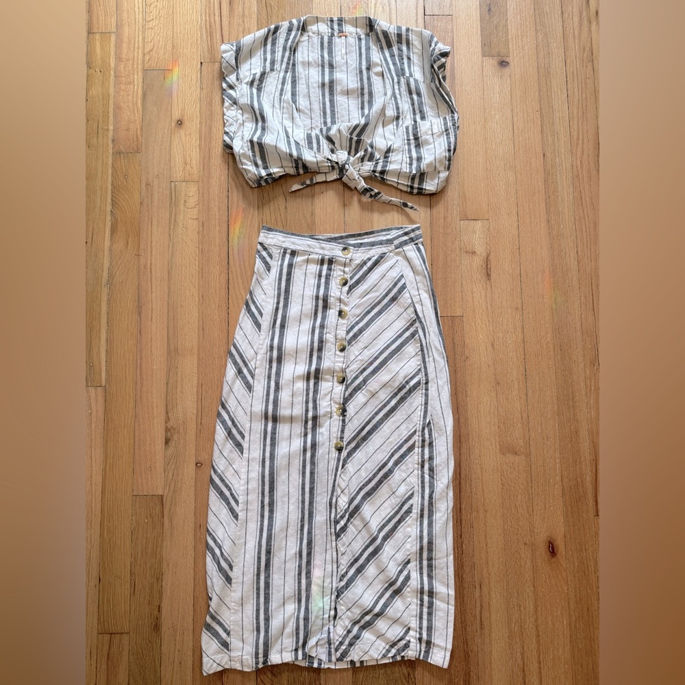 Free People | Sunday Morning Set | White and Grey | Crop Top and Midi Skirt Set